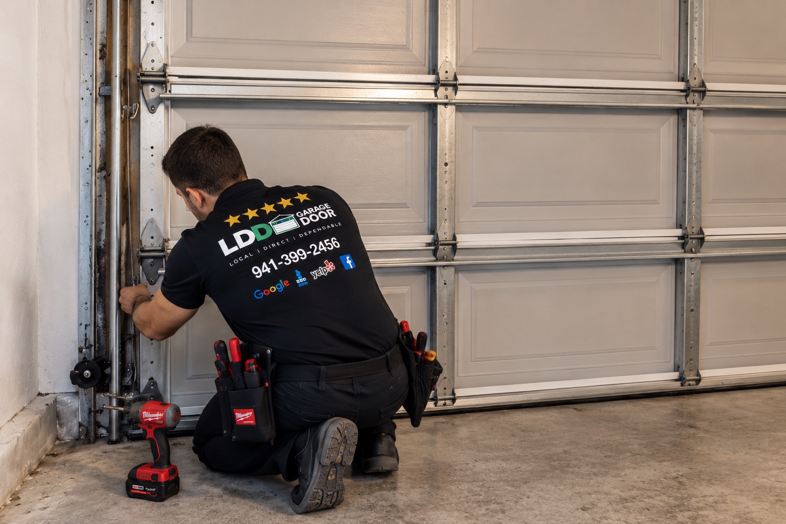 LDD technician working on garage door hardware