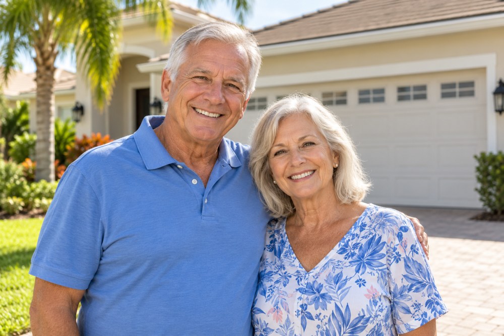 Smiling older couple outside their home