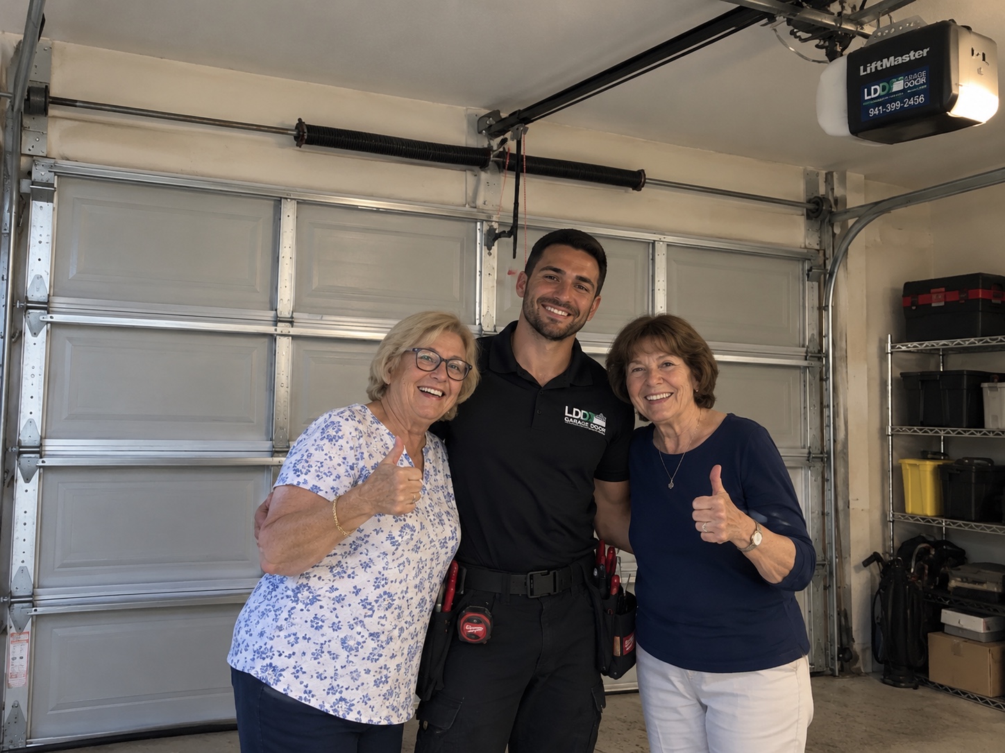 LDD technician with two people beside a garage door